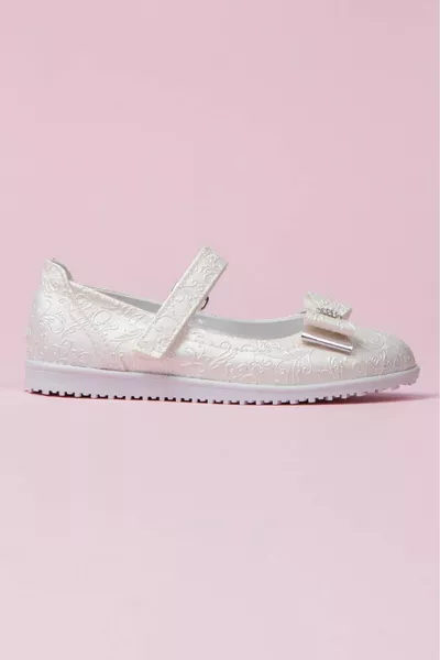 Bow Detail, Patterned, Cream, Orthopedic, Children's Ballet Flats, Holiday, Ceremony, Wedding, School Shoes
