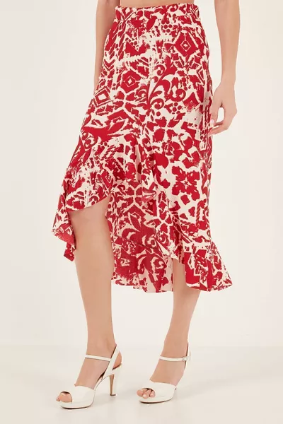 Patterned High Waist Flounce Midi Length Slit Regular Fit Skirt SKIRT 
