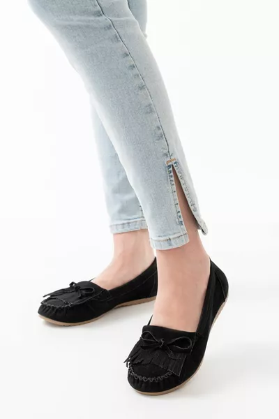  أسود من جلد الغزال شرابة عارضة المرأة الباليه الشقق