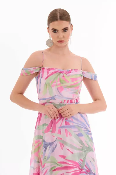 الوردي الشيفون منخفضة الأكمام طويلة مساء اللباس