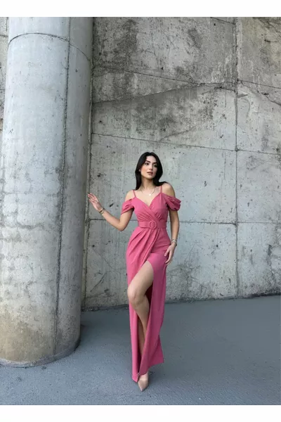 Destina Low Shoulder Rope Strap Slit Evening Dress ROSE COLOR