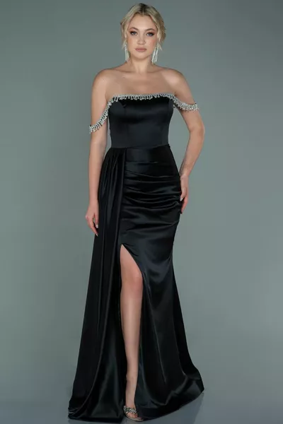 Black Stone Boat Collar Tailed Long Satin Evening Dress 