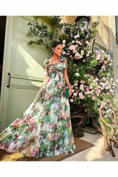 فستان بطبعة الأزهار ربطة عنق الكتف