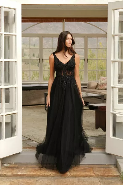 Черен цвят каишка дантела бродирани тюл вечерни рокли