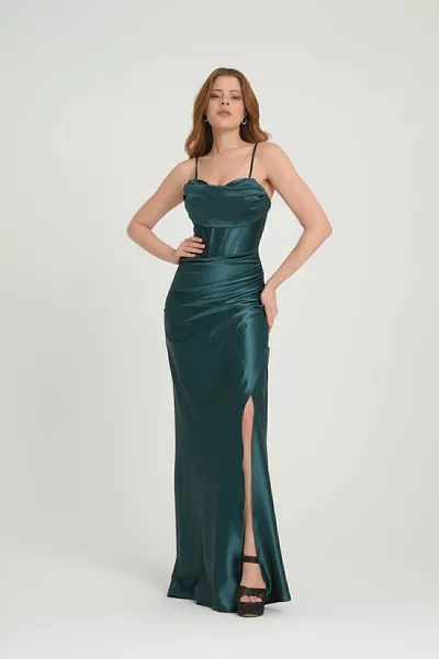 Kadın Ip Askılı Degaje Detaylı Arkası Bağlamalı Uzun Yırtmaçlı Balık Form Düğün Saten Abiye Elbise