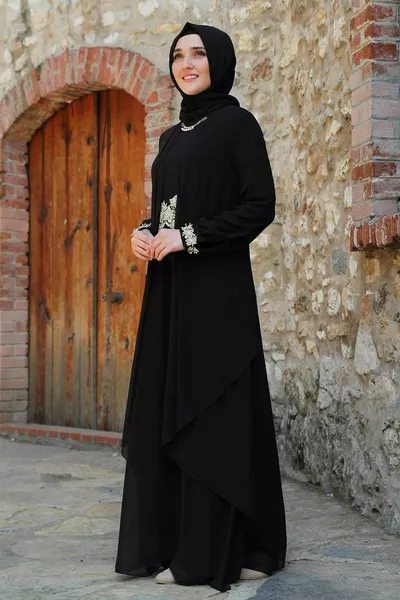 Дантела подробни черни хиджаб вечерна рокля