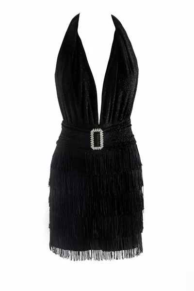 Isabella Püsküllü Mini Siyah Elbise