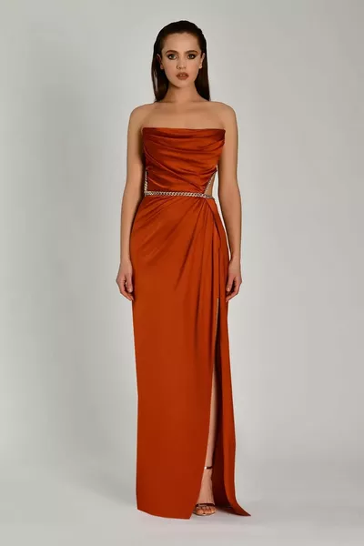 Alpha Beta Slit Detailed Strapless Cinnamon Women's Dress 