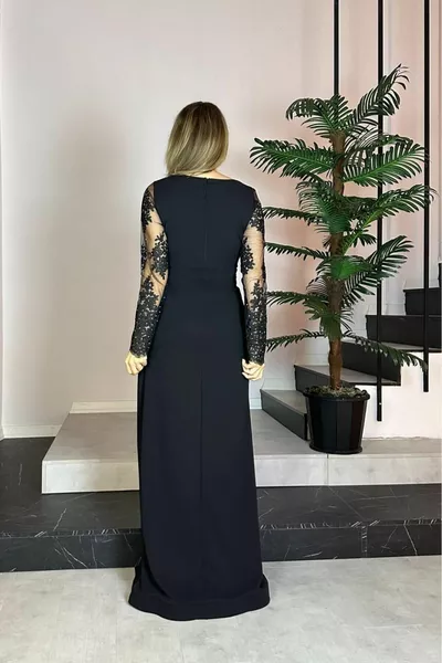  Lace Detailed Maxi Evening Dress Black