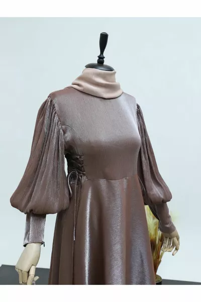 Balloon Sleeve Jacquard Evening Dress with Ties on the Sides