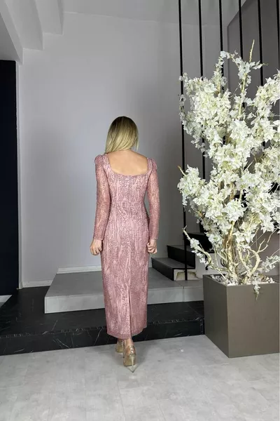  مربع الرقبة بريق ميدي طول مساء اللباس روز