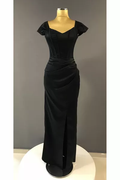 Women's Satin Off Shoulder Rib Model Long Evening Dress