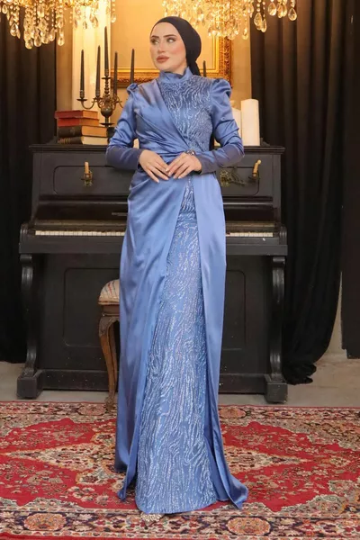 Indigo Stone Glitter Satin Evening Dresses