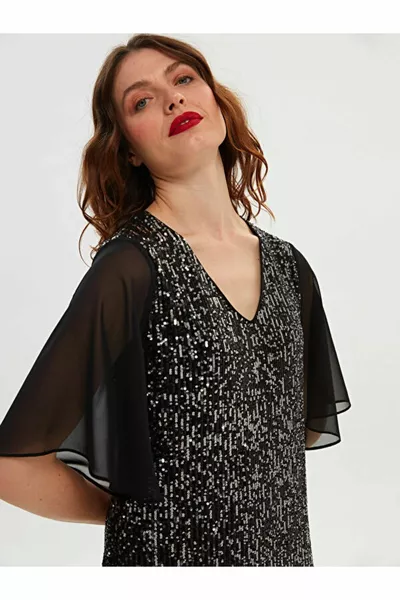 Abendkleid mit Pailletten mit V-Ausschnitt und Chiffonärmeln 