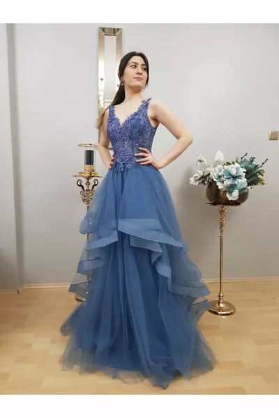 Indigo blauwe avondjurk met dunne riem en dunne riem voor dames met speciaal ontwerp