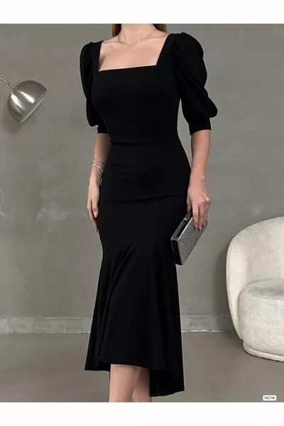 مربع الرقبة تنورة كشكش التفاصيل ميدي طول مساء اللباس