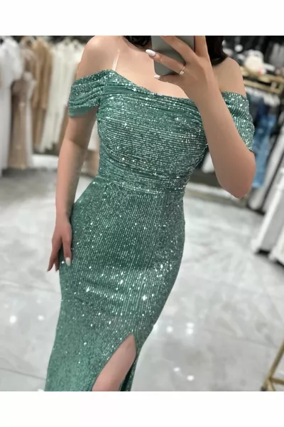 أندريا مربوطة إلى الخلف مفصلة Degaje طوق طويل طول الترتر الجبهة شق مساء اللباس النعناع الأخضر