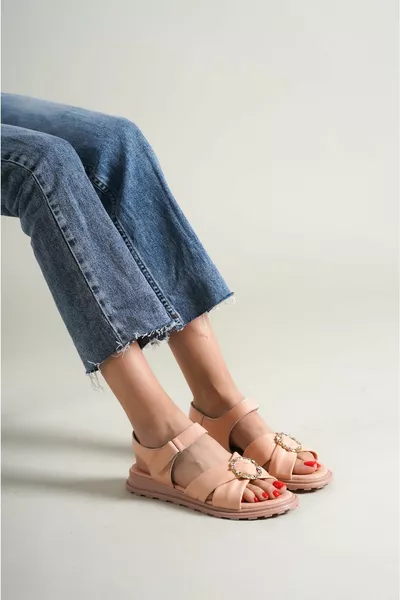 Stone Buckle Detailed Ankle Tie Powder Genuine Leather Sandals