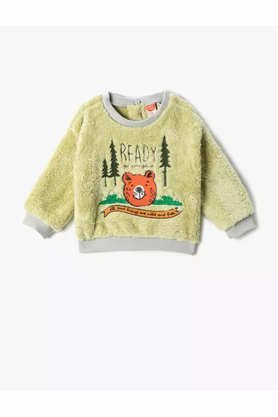 Pluche Sweatshirt met Geborduurd Lange Mouwen en Beerapplicatie