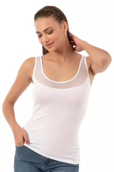 Özkan  Dames Katoenen Stretch Suprem Top met Tulle Details en Brede Bandjes, Zwembad Hals