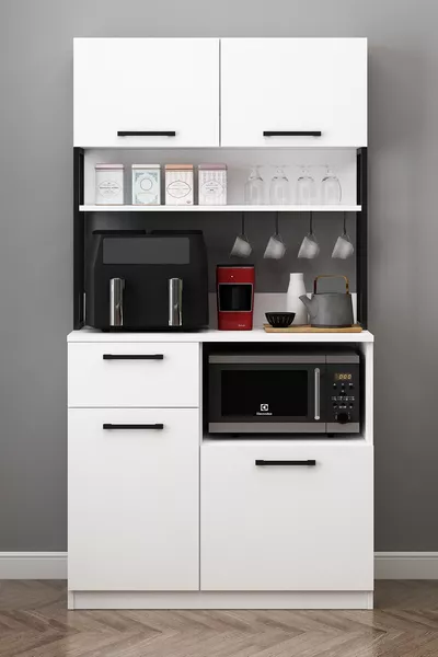 خزانة إرفين متعددة الاستخدامات بيضاء مع ركن القهوة وأجهزة القلي الهوائي