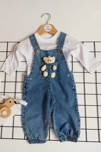 Salopette en jean pour bébé à manches longues avec ourson en peluche