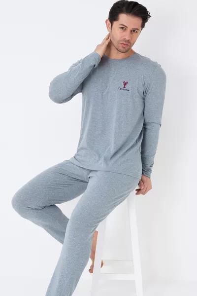 Blau meliertes Langarm-Strick-Pyjama-Set für Herren 