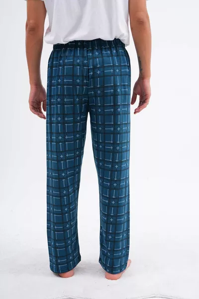 Herren Baumwollschlafhose ohne Taschen mit Karoaufdruck und elastischem Bund in Petrol