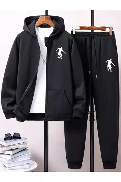 Basketball Silhouette Printed Tracksuit – Hooded Zip-Up Sweatshirt & Jogger Sweatpants