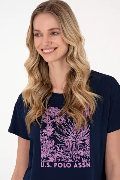 Dames T-shirt met Ronde Hals en Donkerblauw Dessin 