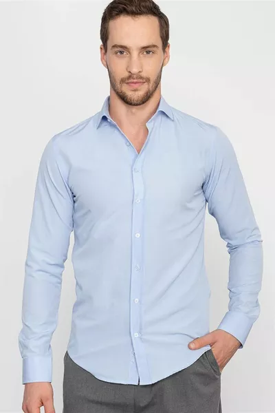 Мъжка синя риза Slim Fit с дълъг ръкав от памук, лесна за гладене