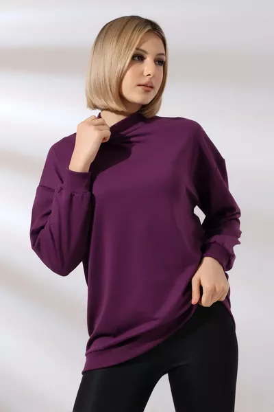 سويت شيرت بأكمام طويلة وياقة نصف عالية  عنابي