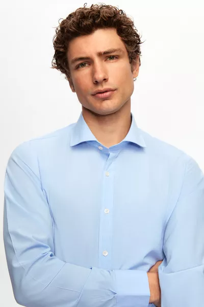 Ds Damat Slim Fit Blue Classic Long Sleeve Shirt with Tie Holder, Easy to Iron