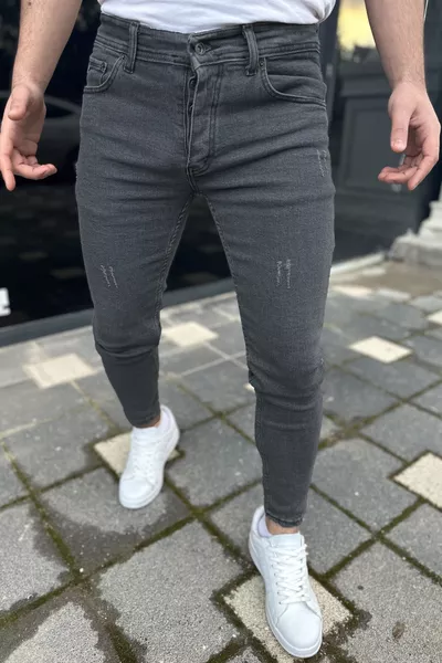 Мужские джинсы узкого кроя слайм фит антрацит с лазерной обработкой и стрейчем