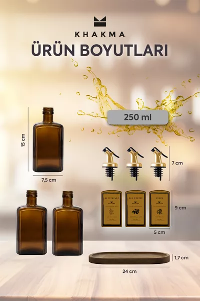 Amber Gold Olive Oil Pomegranate Molasses Vinegar Bottle with Wooden Stand 3-Piece Set ml 