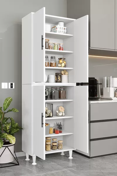  Bala Bianco Armadio da Cucina Multiuso & Armadio da Bagno, Dispensa, 4 Ante, con Ripiani, con Piedini