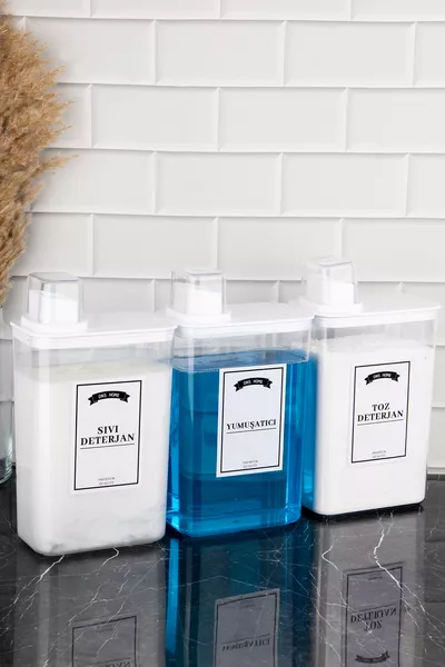 3-delige wasmiddelopslagcontainer met ingebouwde maatbeker voor poeder, vloeibaar en wasverzachter, set  ml