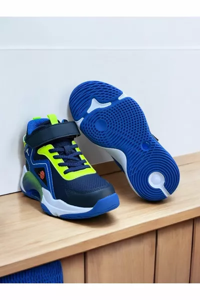 Детский баскетбольный голеностоп Нескользящая подошва Сетка Velcro Шнуровка Темно-синие кроссовки Sax