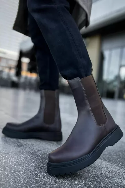 GOSVERİ Elastische Lange Veterloze Heren Laarzen BRUIN - CHE