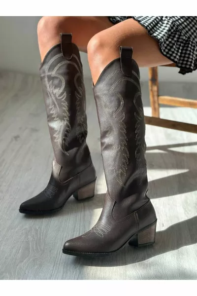 Brown Leather Embroidered Western Style Long Knee Length Women's Boots