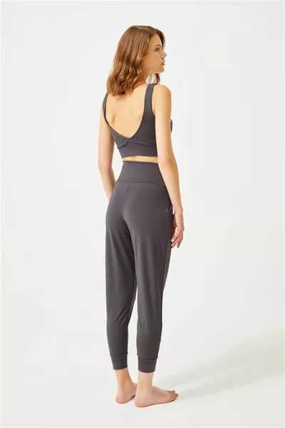 Gerookte joggingbroek met dubbele zak voor dames met hoge taille