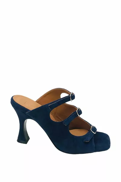 Vrouwen Echt Leer Marineblauw Suède Slippers Sandalen Schoenen 9 cm Hoge Hakken Vierkante 