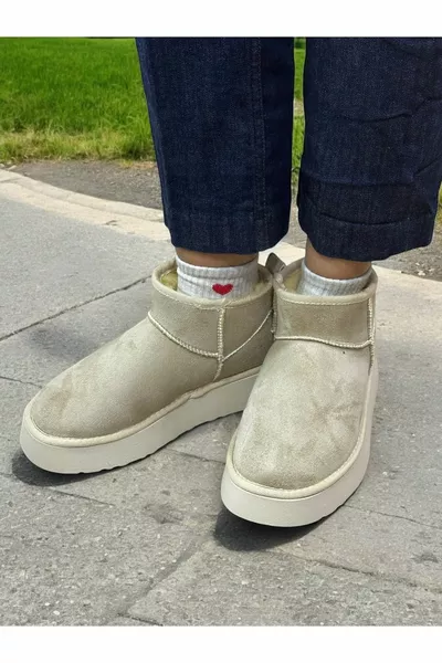 المرأة البيج من جلد الغزال نصف الأحذية أفخم سميكة وحيد منصة الأحذية التمهيد