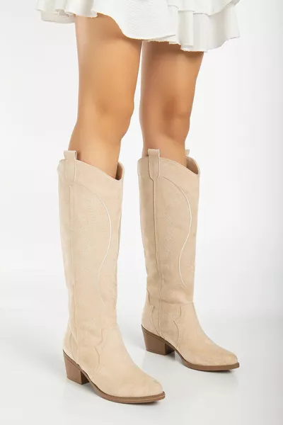 RISSOLI BEIGE CREME WILDLEDERbestickte Western-Cowboy-Cowgirl-Stiefel