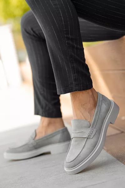 الرجال رمادي عارضة جلد طبيعي من جلد الغزال عارضة قسط الجودة عدم الانزلاق وحيد أحذية الصيف المتسكع