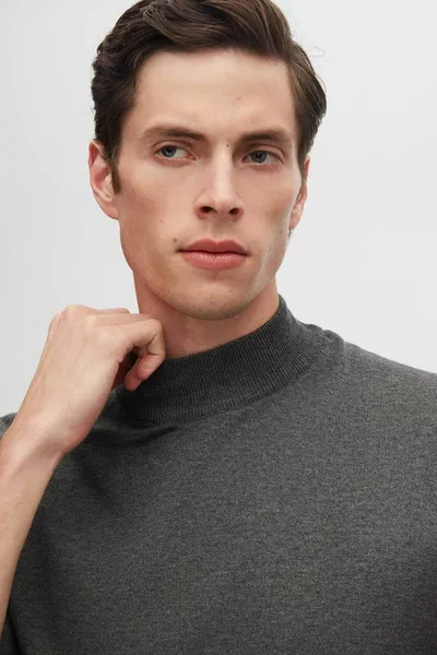 Regular Fit Anthrazitfarbener halber Fischer-Strickpullover aus einer Baumwollmischung