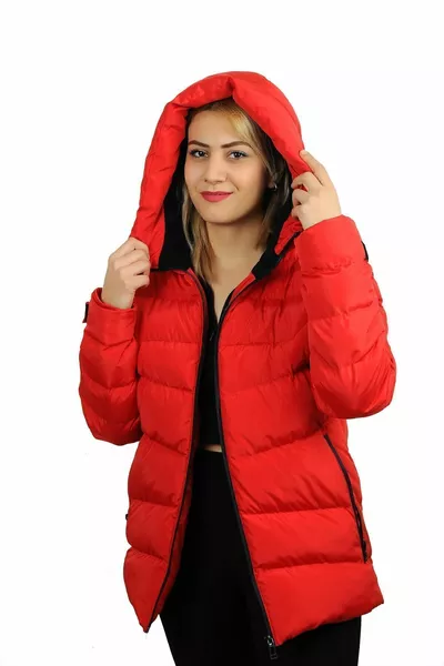 Felpa con cappuccio rossa da donna in pile all'interno della pelliccia impermeabile antivento Puffer Coat Parka