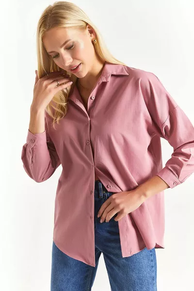 Camicia lunga di base oversize rosa secca da donna 