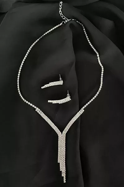 Evening Dress Necklace Earrings Set, Wedding Engagement Henna Bridal Set White, Silver