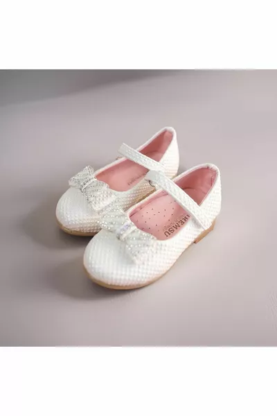 القوس عرق اللؤلؤ للفتيات مفصلة الفيلكرو الباليه الشقق